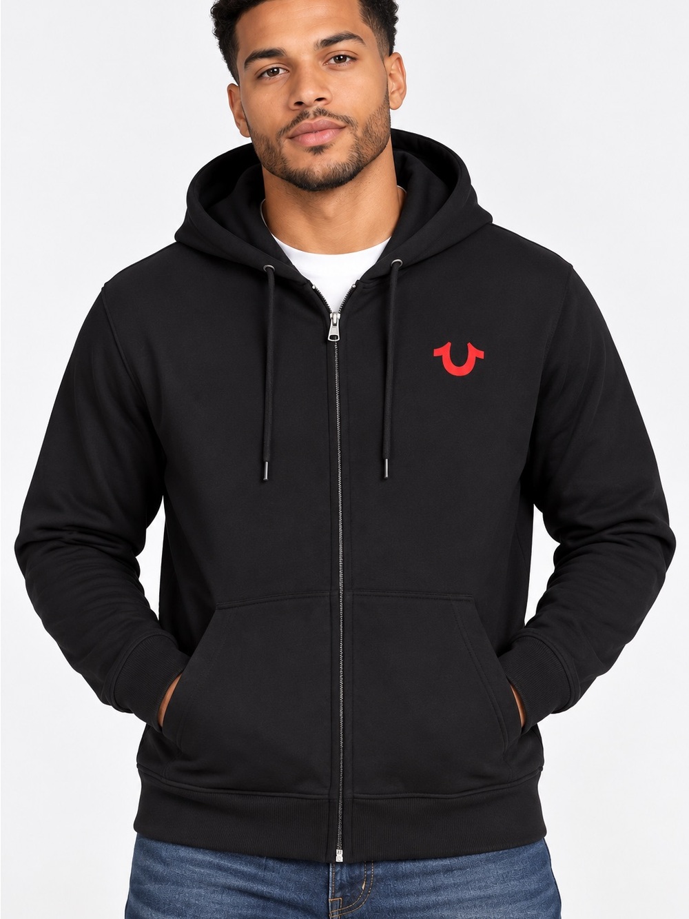 True Religion Black Zip-Up Hoodie with Red Logo Accent